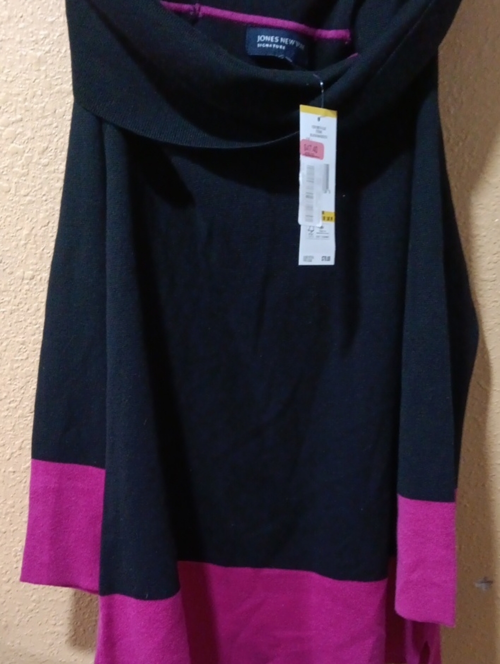 Jones New York Black and Fuchsia Cowl-Neck Colorblock Sweater